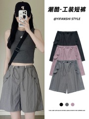 Women's Summer Thin High-Waisted Casual Wide Leg Design Sensory Quick-Dry Sport American Five-Finger Pants in Grey Workwear Shorts