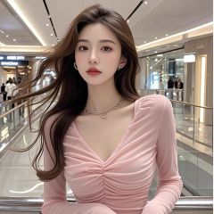 甜辣妹性感褶皺T恤修身設計感小眾長袖上衣