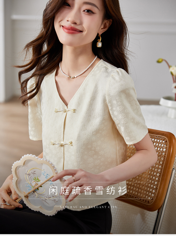 新中式盤扣雪紡襯衫女高級感復古國風V領上衣2025夏季新款