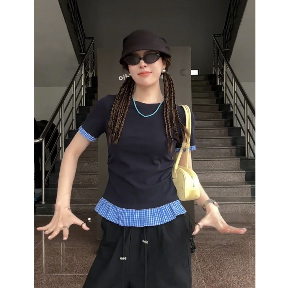 莫代爾人棉法式拼接格子圓領短袖T恤女修身小衫設計感顯瘦