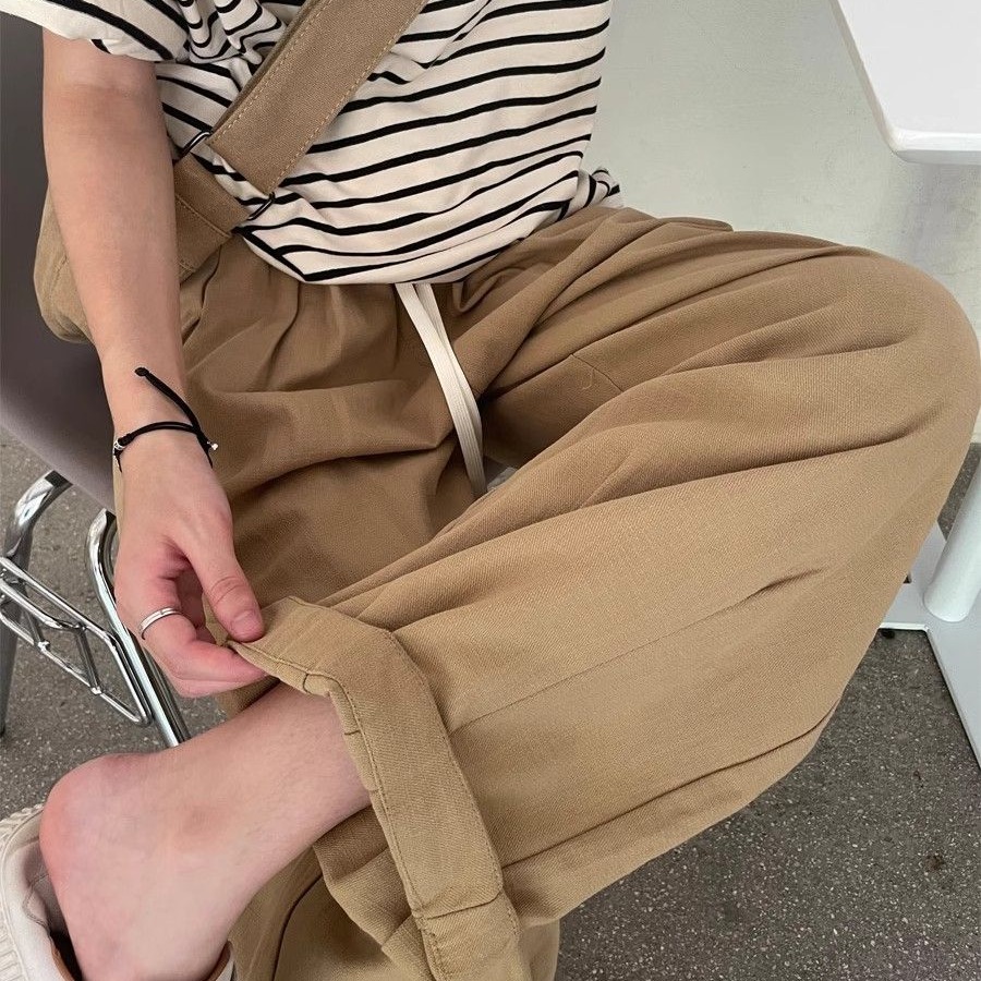卡其色工裝褲子女春秋高腰大碼日系寬鬆蘿蔔褲顯瘦闊腿休閒褲女夏