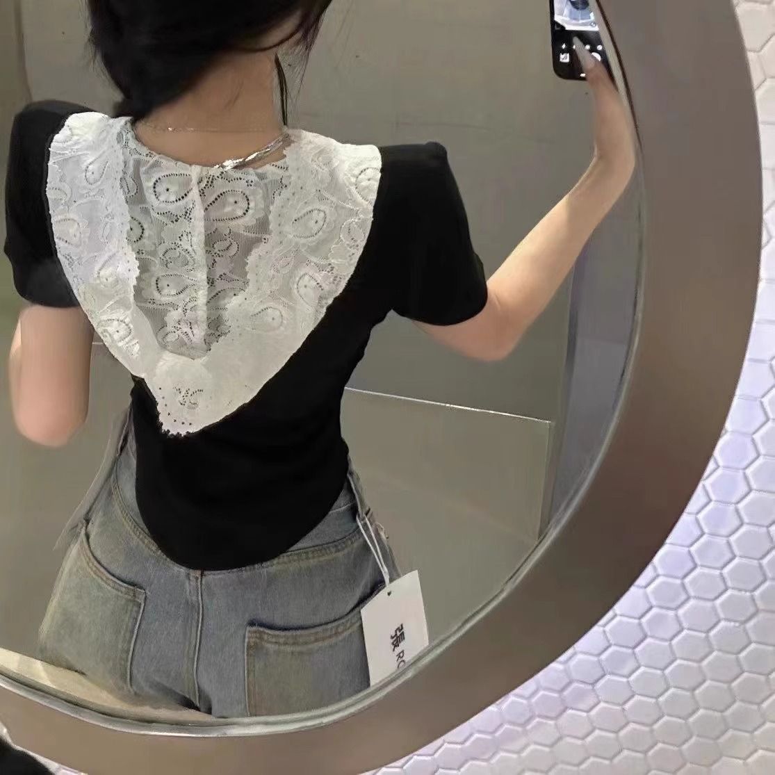 原版蕾絲拼接連帽T恤短袖女春夏簡約風套頭修身百搭顯瘦上衣