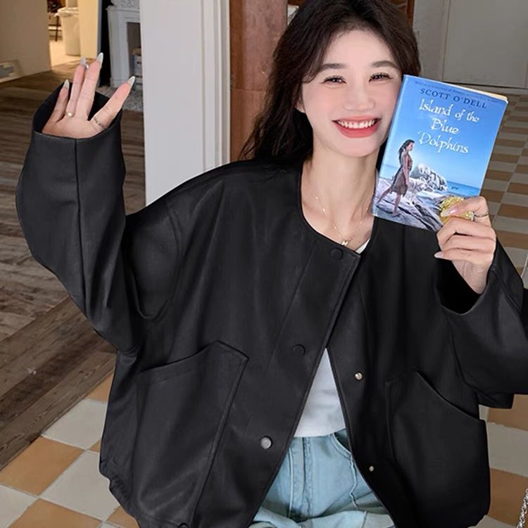 Spring 2025 New Design Hem Drawstring Baseball Coat Leather Jacket Women's Loose Casual Motorbike Jacket