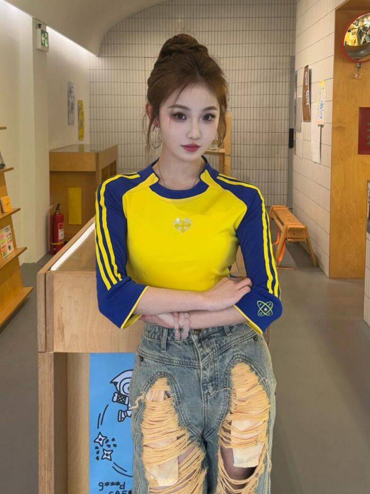 美式辣妹風短袖t恤女夏季燙鑽撞色拼接半袖短款露臍修身顯瘦上衣