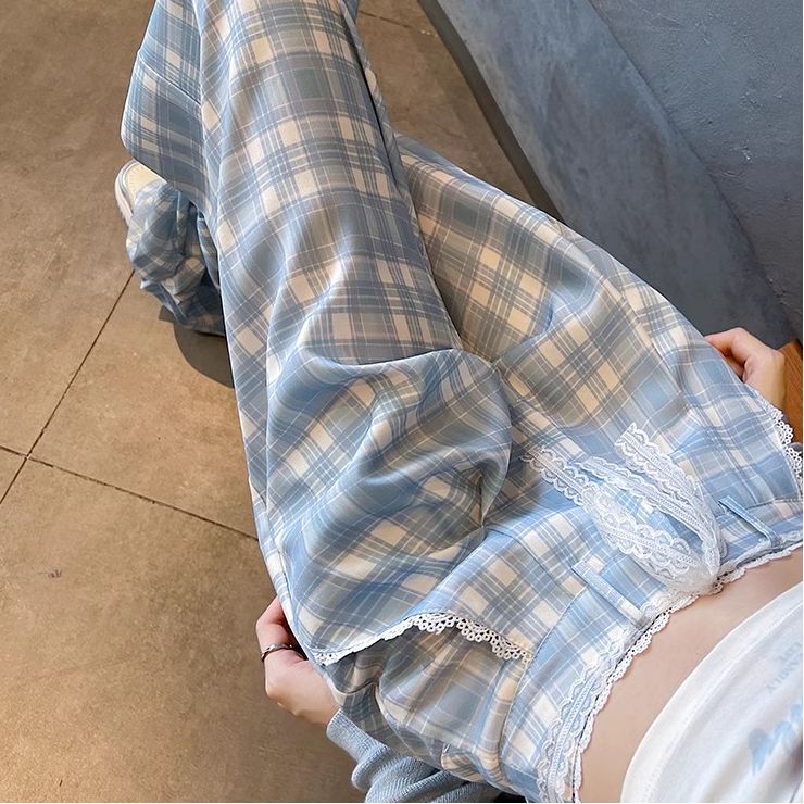baby藍格子闊腿褲女2025春秋新款慵懶寬鬆超好看蕾絲花邊拖地褲子