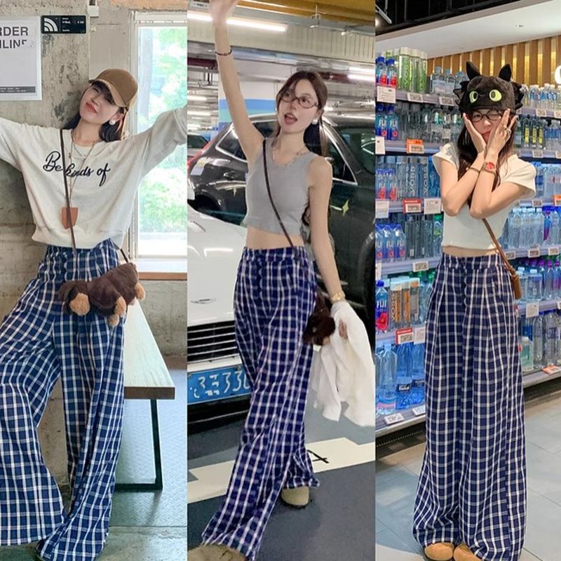 Official original fabric plaid casual pants for women in summer thin high waist slimming straight pants