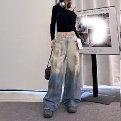 韓國chic復古春秋長褲直筒褲美式潮流設計感破洞漸變色彎刀褲常規