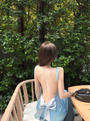 Real photo of satin beautiful back bow goddess long dress dress dress birthday dress