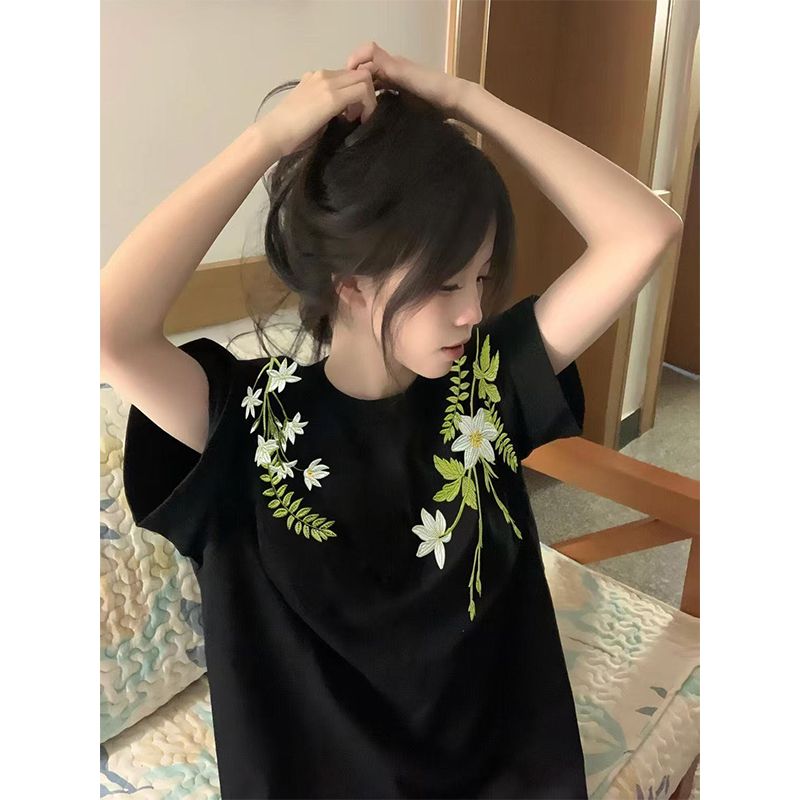 2025 summer embroidery 220g pure cotton combed tight threaded collar pull shoulders behind