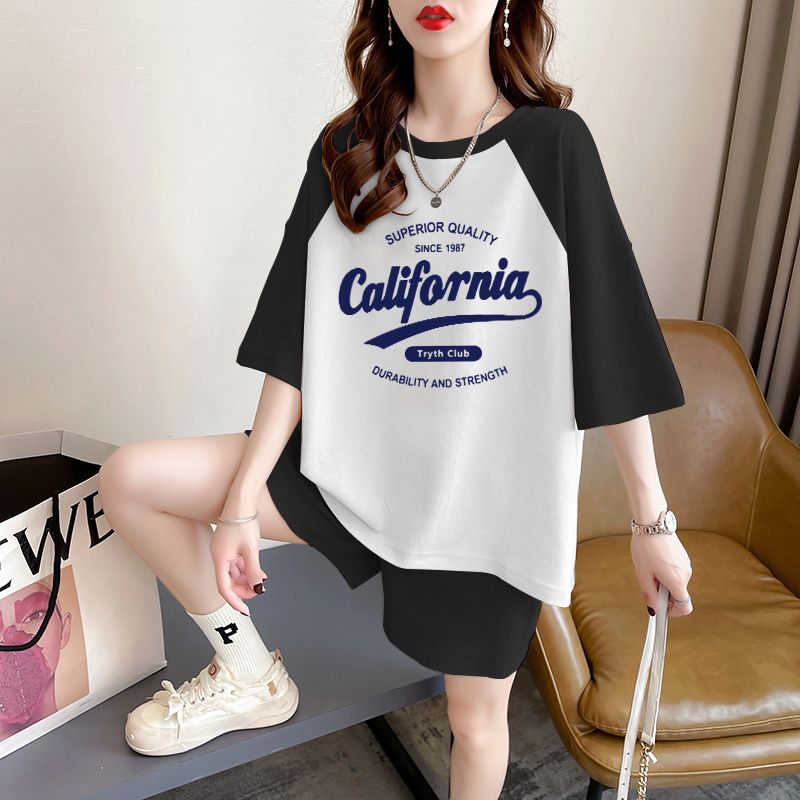 Real shot of pure cotton 32 double yarn 230g 2025 summer casual short-sleeved T-shirt shorts suit women's two-piece set