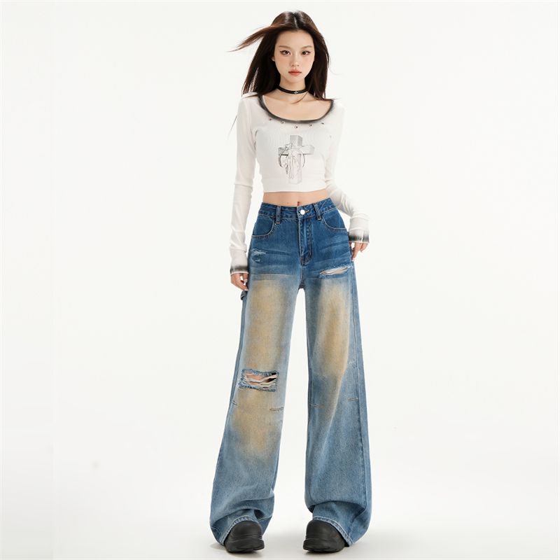 Real shot of 2025 spring fashion ripped wide-leg jeans street straight loose heavy industry women