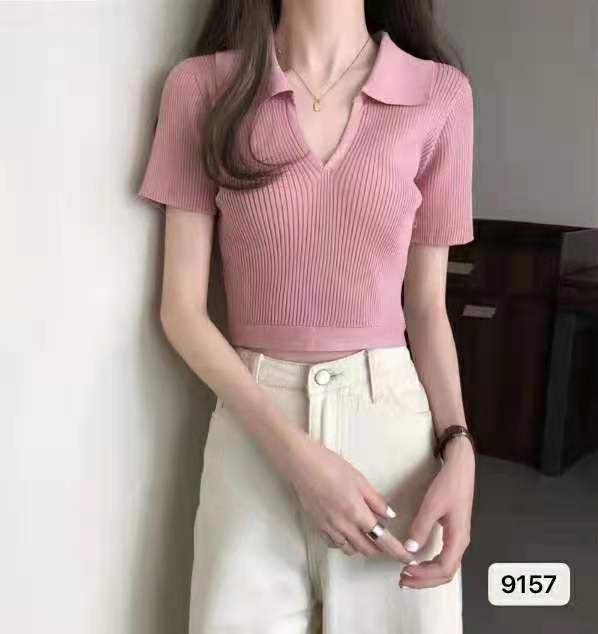新款韓版chic糖果色針織衫女百搭V領綁帶Polo衫短袖上衣