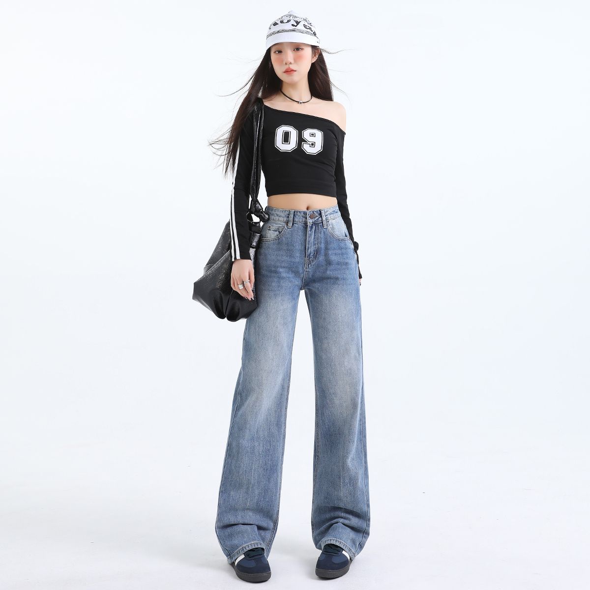 Real shot of 2025 spring fashion trend casual pants for women high waist straight wide-leg pants