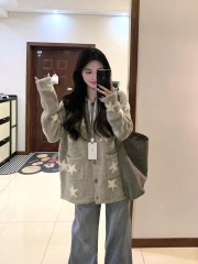 高級感灰色毛衣早春秋新款氣質翻領撞色設計感針織開衫上衣女外套