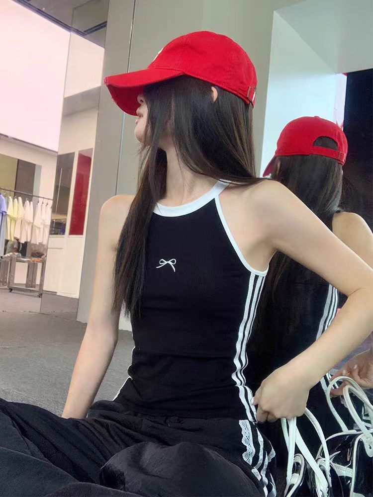 羅紋 辣妹吊帶背心女修身刺繡蝴蝶結上衣
