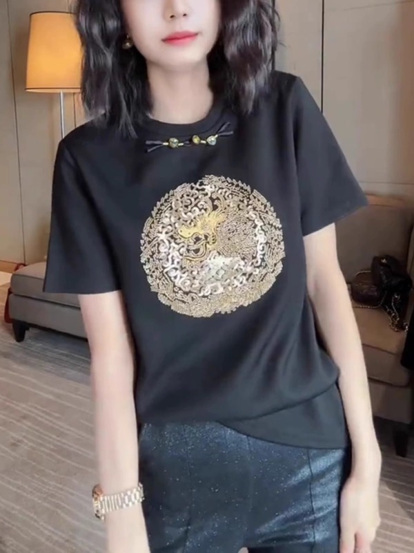 新中式盤扣白色短袖T恤女2025春季新款洋氣印花半袖上衣寬鬆體恤