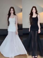 清冷藝術系網紗拼接針織吊帶裙女純欲U領彈力露肩露背收腰連衣裙