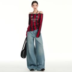 Real shot of 2025 spring fashion trend casual pants for women high waist drooping wide-leg pants