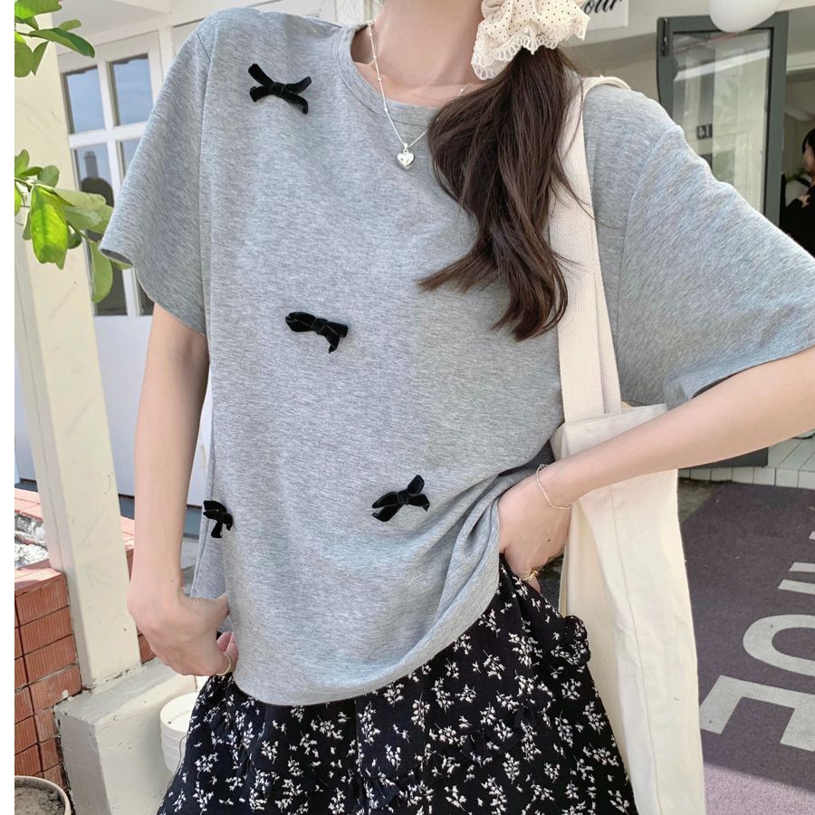 Real-life pure cotton round neck collapse shoulder short-sleeved T-shirt for women with three-dimensional bow design loose base shirt top trendy
