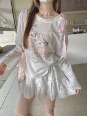 Real photo Real off-shoulder cat T-shirt women's printed long-sleeved blouse sunscreen top thin