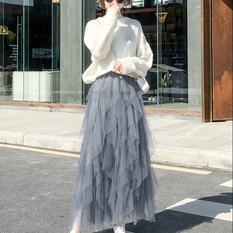 Flowery net chiffon skirt for women, 2025 new style, pleated net chiffon puff cake skirt, extremely fairy-tale long skirt