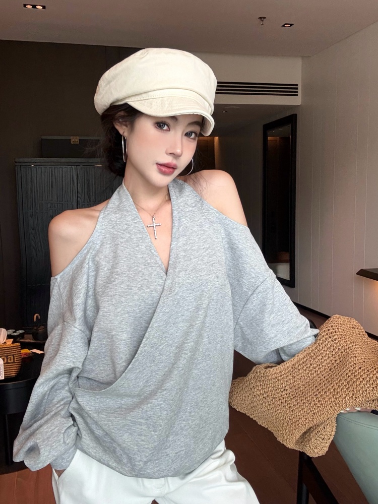 實拍春季新款美式復古交叉掛脖薄款衛衣女設計感兩穿寬鬆露肩上衣