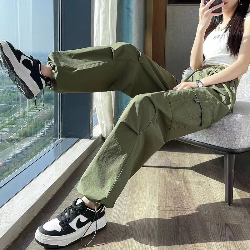 冰絲速干工裝褲女夏季薄款高腰顯瘦休閒直筒闊腿美式束腳運動褲子