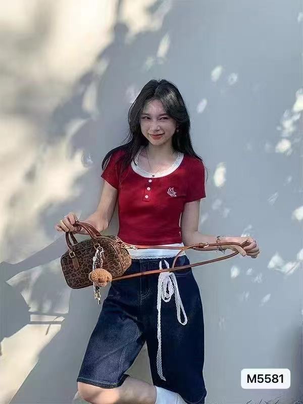 2025春夏新蝴蝶繡花針織少女雪紡荷葉邊拼接減齡甜美ins潮辣妹T瘦