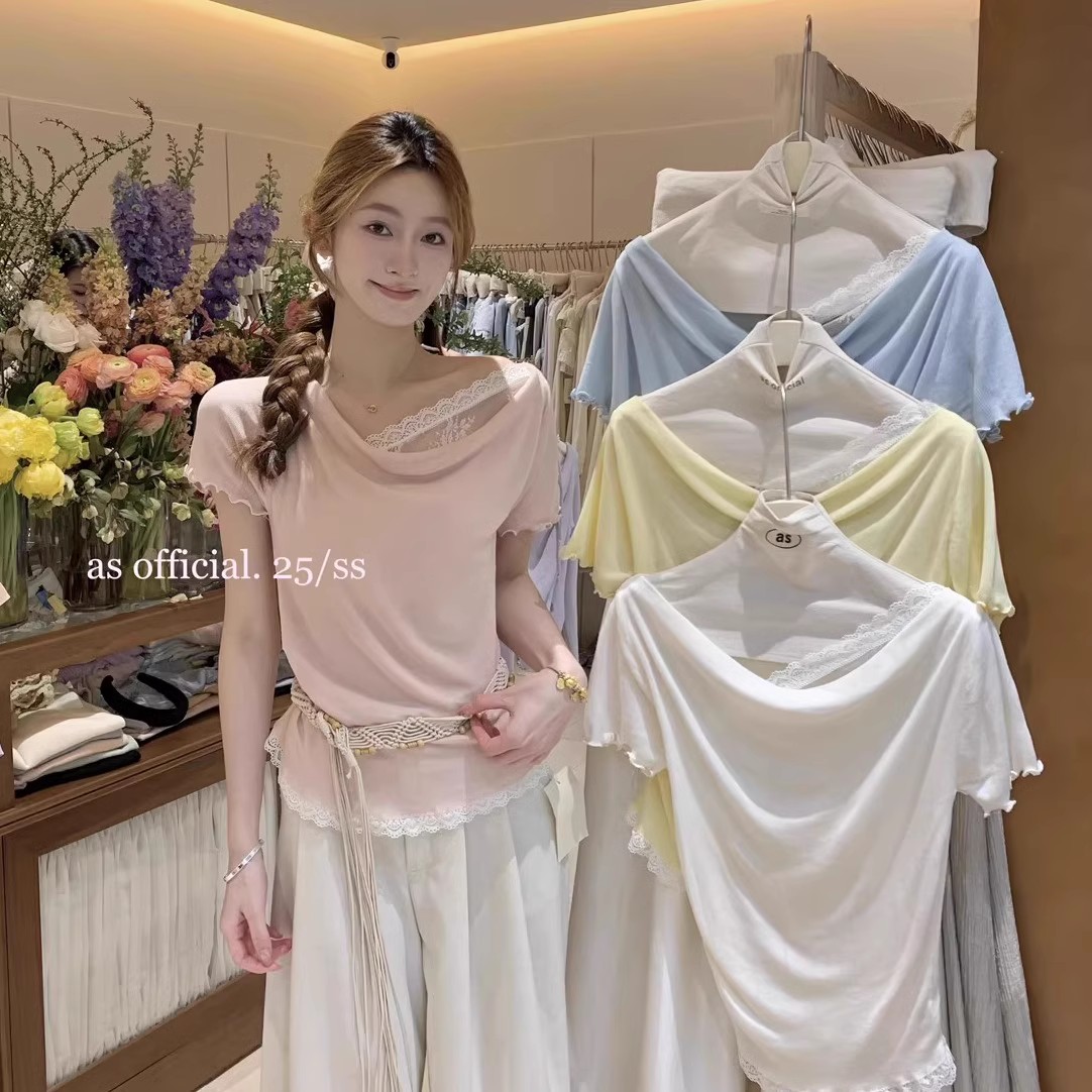 盪領短袖T恤女早春蕾絲拼接假兩件設計感小眾修身V領純欲內搭上衣
