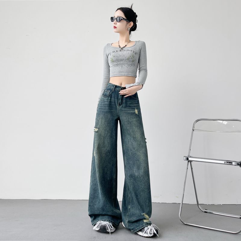 Real shot of 2025 spring fashion trend casual pants for women high waist drooping wide-leg pants