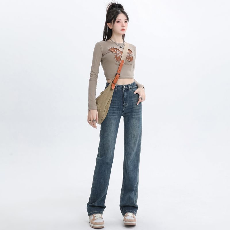 Real shot of 2025 spring soft and comfortable texture fabric design high waist straight jeans for women