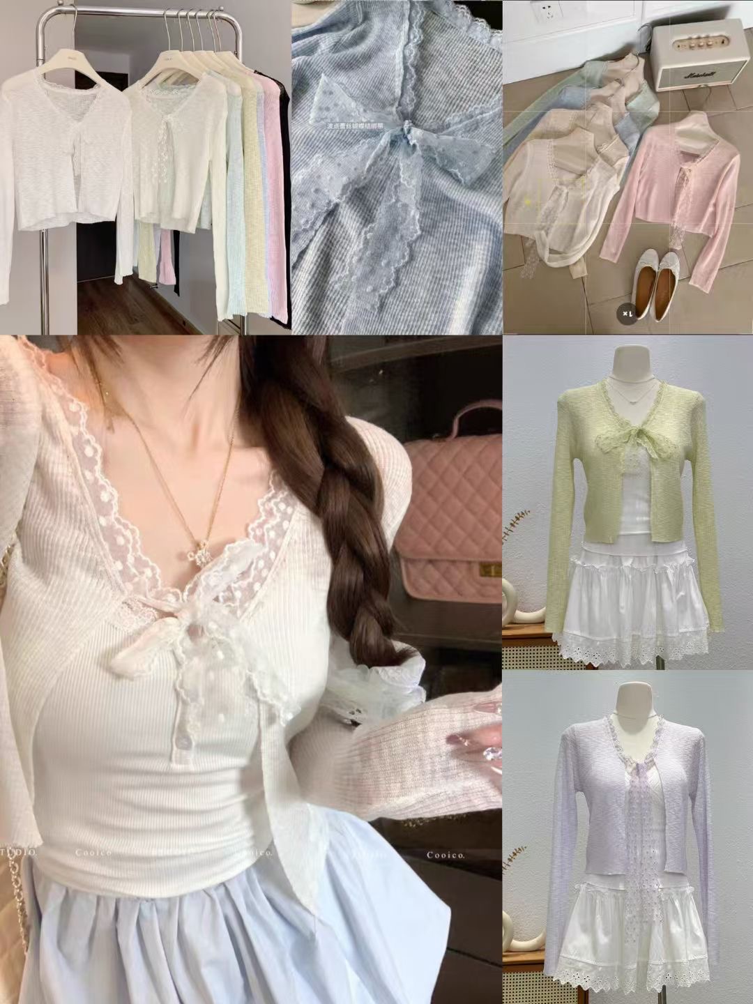French lace spliced ​​V-neck sweater for women in early spring new style slim and versatile outside and chic lace top