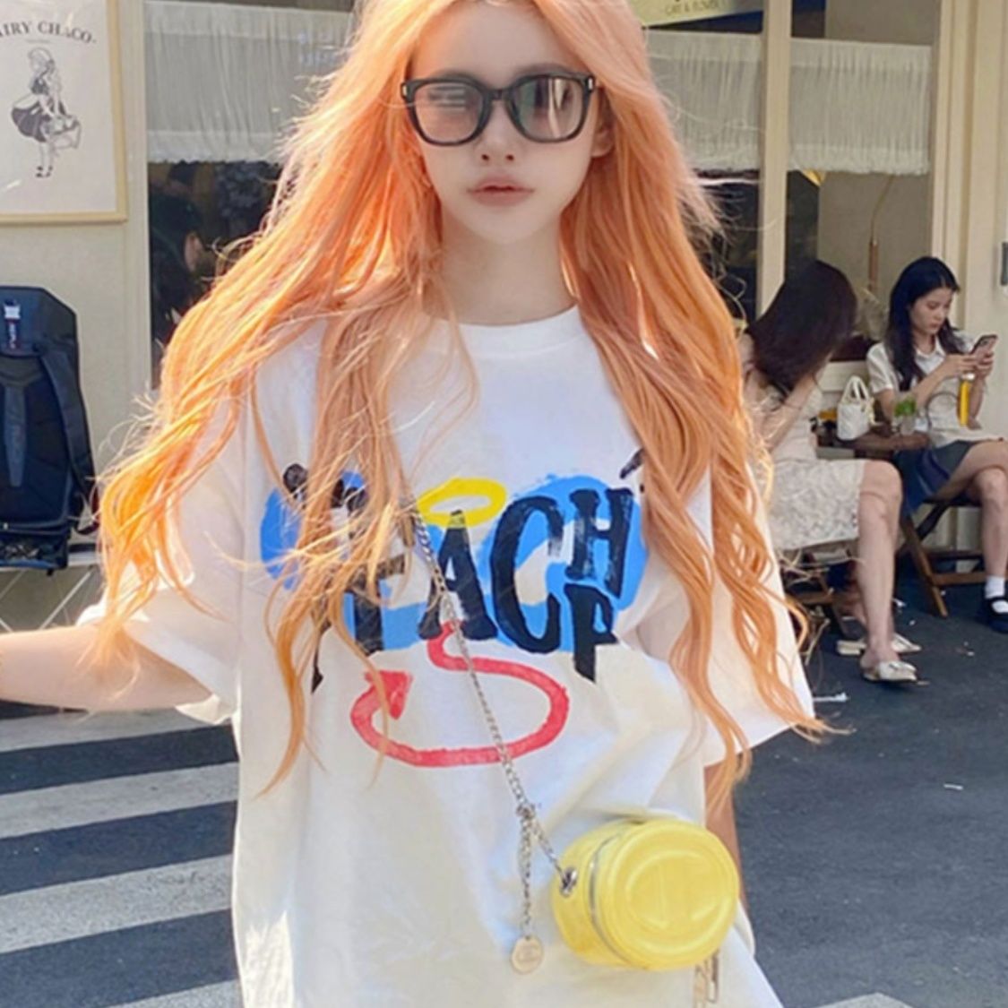 First-time real shot, 200g pure cotton back bag collar extra large size 300 catties pure cotton printed short-sleeved T-shirt for women