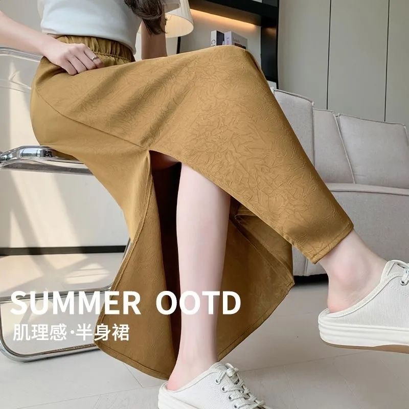 Mid-length skirt acetic acid gilt slit skirt for women in summer niche muscle covering texture high waist drooping skirt