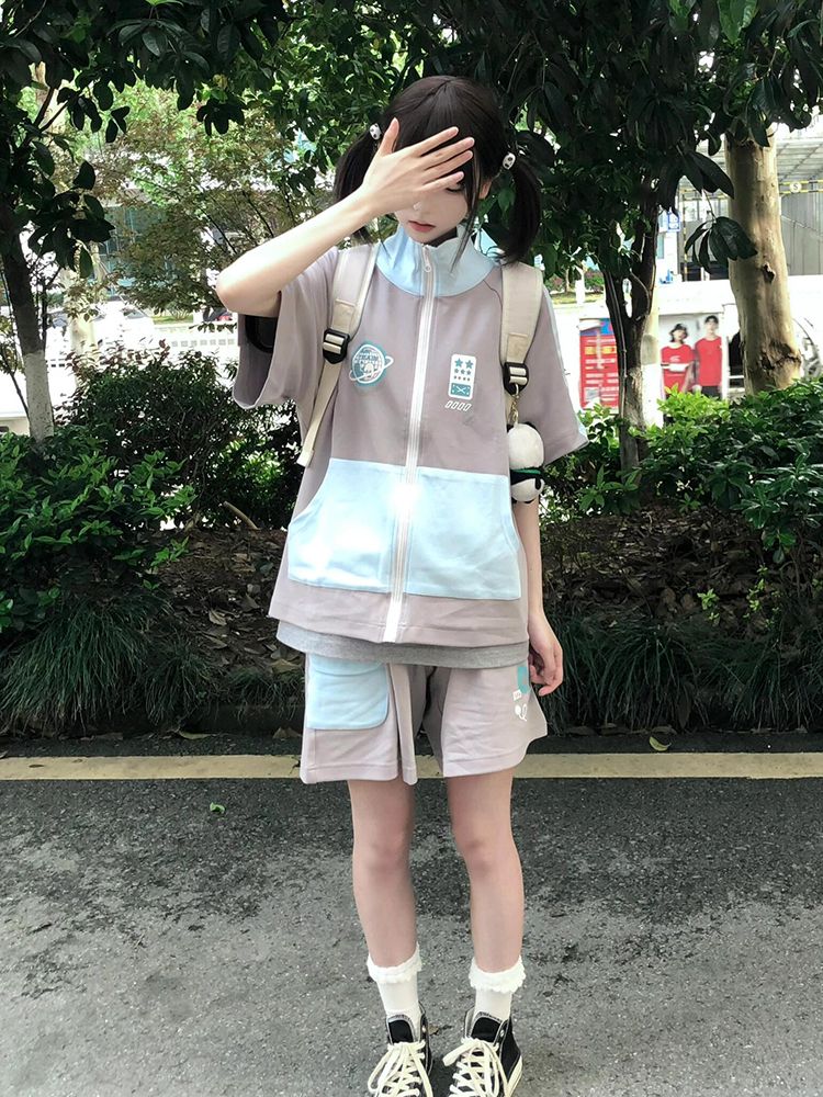 日系學院風休閒運動套裝女夏季學生潮寬鬆短褲ins小個子兩件套