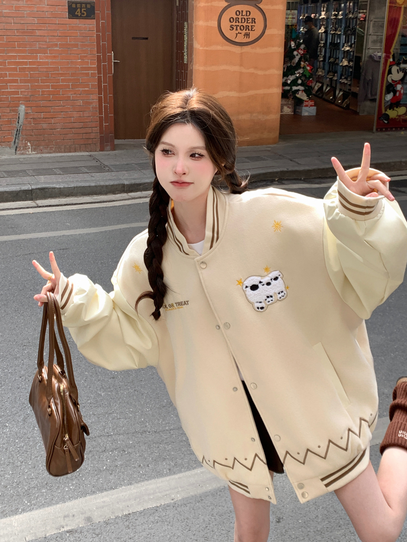 美式復古潮流小羊刺繡棒球服2025設計感小眾情侶夾克上衣外套