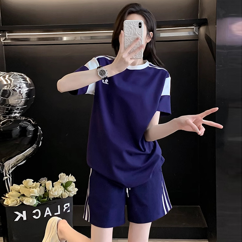 港風羽毛球服運動套裝女夏拼色短袖寬鬆顯瘦透氣側條紋短褲兩件套