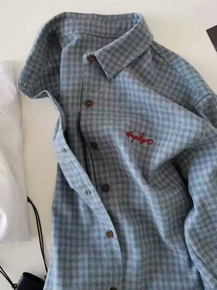 美式復古刺繡藍灰色格子長袖襯衫女寬鬆設計感小眾休閒百搭上衣服