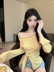 實拍 重工亮片斜肩露肩長袖T恤打底女春季流行穿搭綁帶收腰上衣