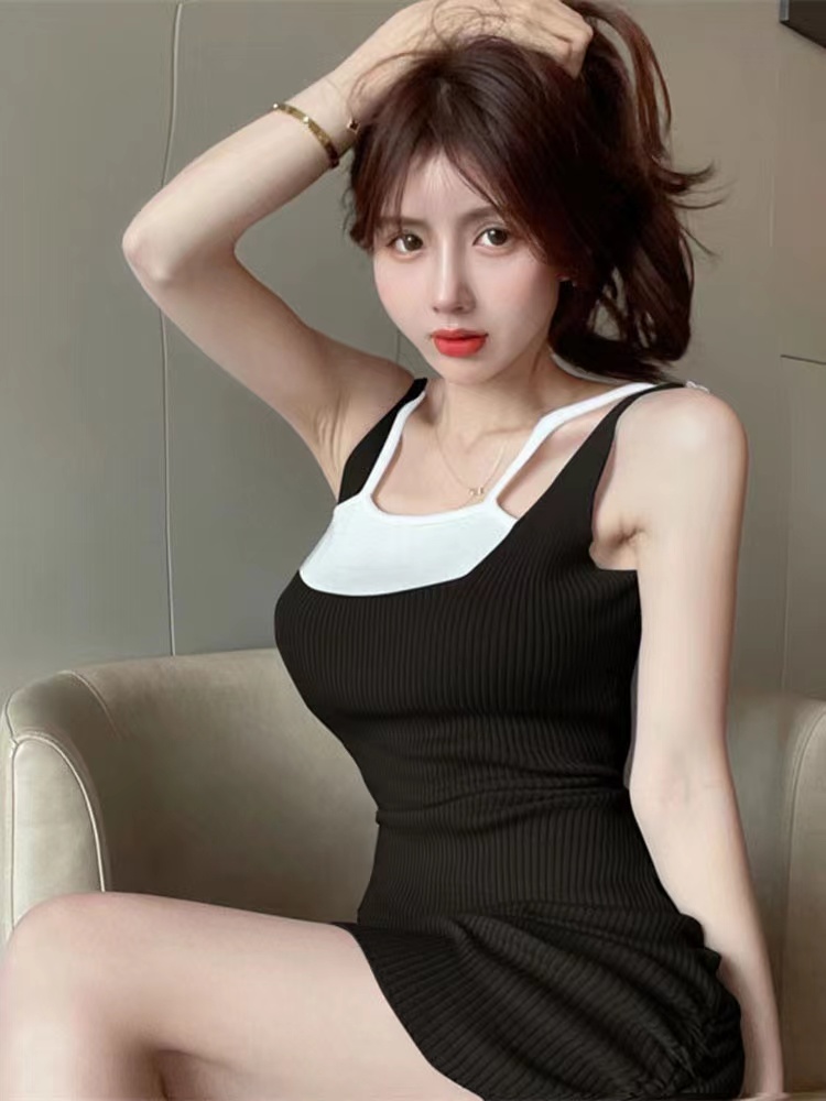 連衣裙新款女法式設計感收腰顯瘦氣質假兩件性感包臀吊帶短裙