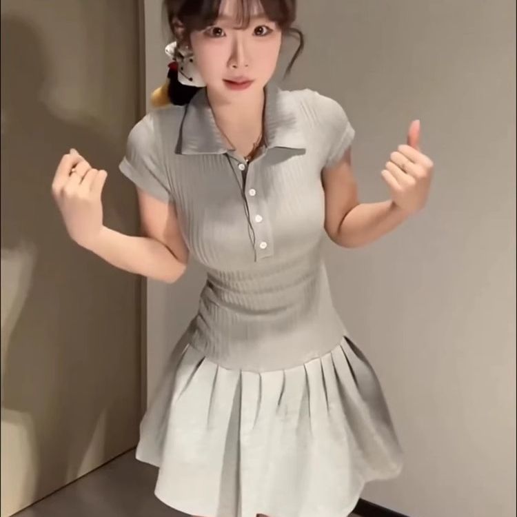 Spring and summer polo collar pure design short-sleeved splicing dress for women new slim and slim sweet and spicy button skirt