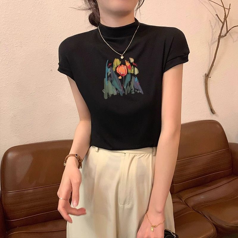 黑色正肩短袖針織女士2025夏季新款辣妹修身顯瘦小衫半高領上衣服