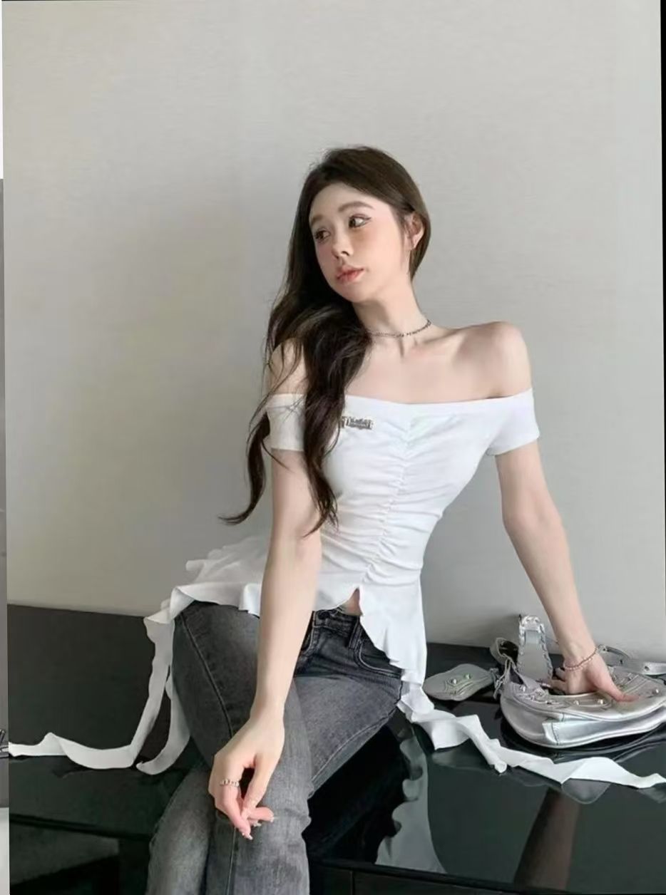 260g free-spirited 1x1 pure desire wood ear lace short-sleeved T-shirt for women in summer design slim body