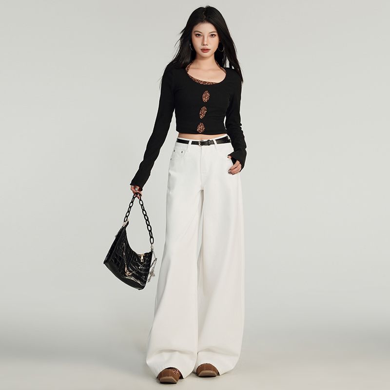 Real shot of 2025 spring fashion trend casual pants for women high waist drooping wide-leg pants