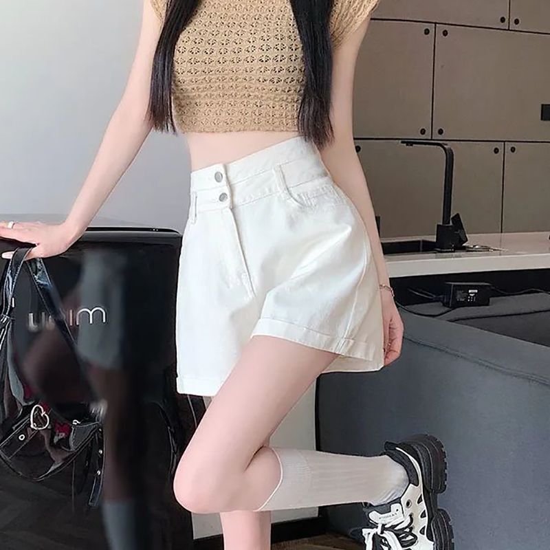 Commuter ins style high waist denim shorts for women with high waist slim and loose spring and summer new double button curly denim shorts