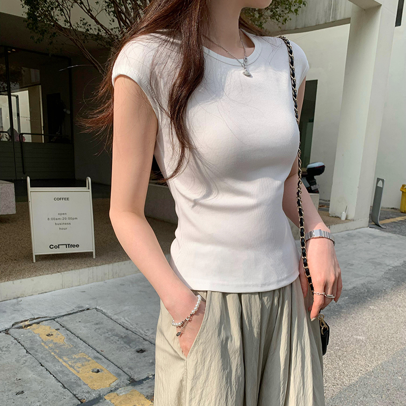 Real photo Korean threaded round neck vest sleeveless T-shirt for women's summer 2025 new style super beautiful unique slim body
