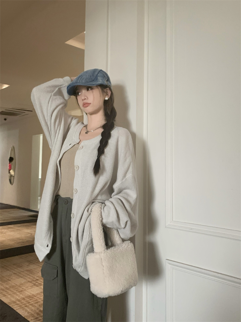 實拍 春裝圓領純色米灰色肌理感華夫格百搭外套女