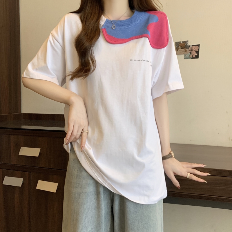 實拍  220g純棉100%綿夏裝短袖T恤女針織領拼接印花