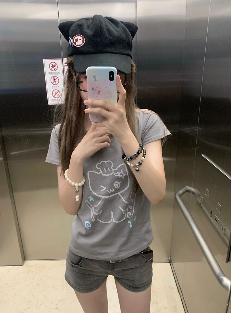 純棉面料甜酷卡通小貓短袖t恤女夏季甜辣小個子修身正肩短款上衣