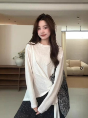 Tennis linen white micro-transparent long-sleeved T-shirt for women in summer thin sunscreen blouse design ties loose top